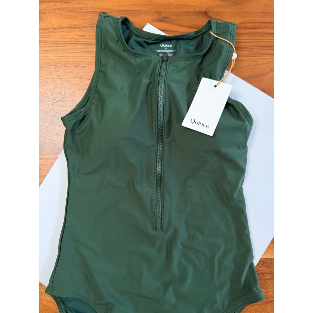 New Quince Italian Zip-Front One-Piece Swimsuit XS Green Athletic Modest - Picture 6 of 9